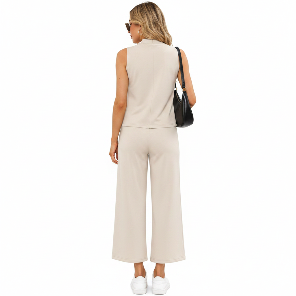 SAMPEEL Two Piece Sets for Women Summer Outfits Lounge Sets Mock Neck Tops Wide Leg Crop Pants Vacation Travel Outfits