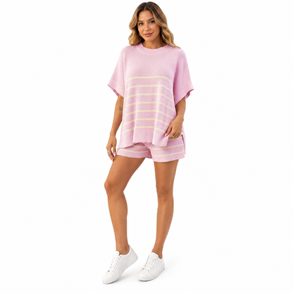 Fisoew Women's Striped 2 Piece Outfits Oversized Batwing Short Sleeve Tops High Waisted Shorts Summer Knit Lounge Short Sets