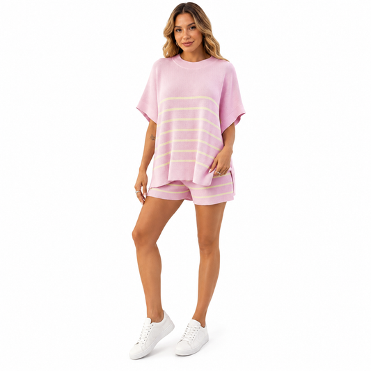 Fisoew Women's Striped 2 Piece Outfits Oversized Batwing Short Sleeve Tops High Waisted Shorts Summer Knit Lounge Short Sets