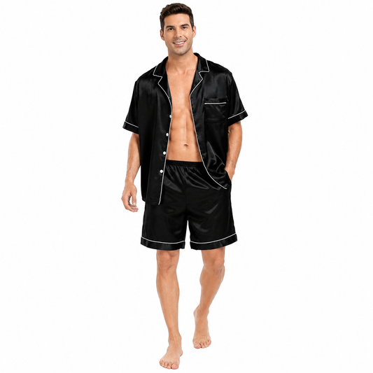SWOMOG Men Satin Silk Pajamas Sets Short Sleeve Sleepwear Button-Down PJs Sets Two-Pieces Loungewear with Pockets
