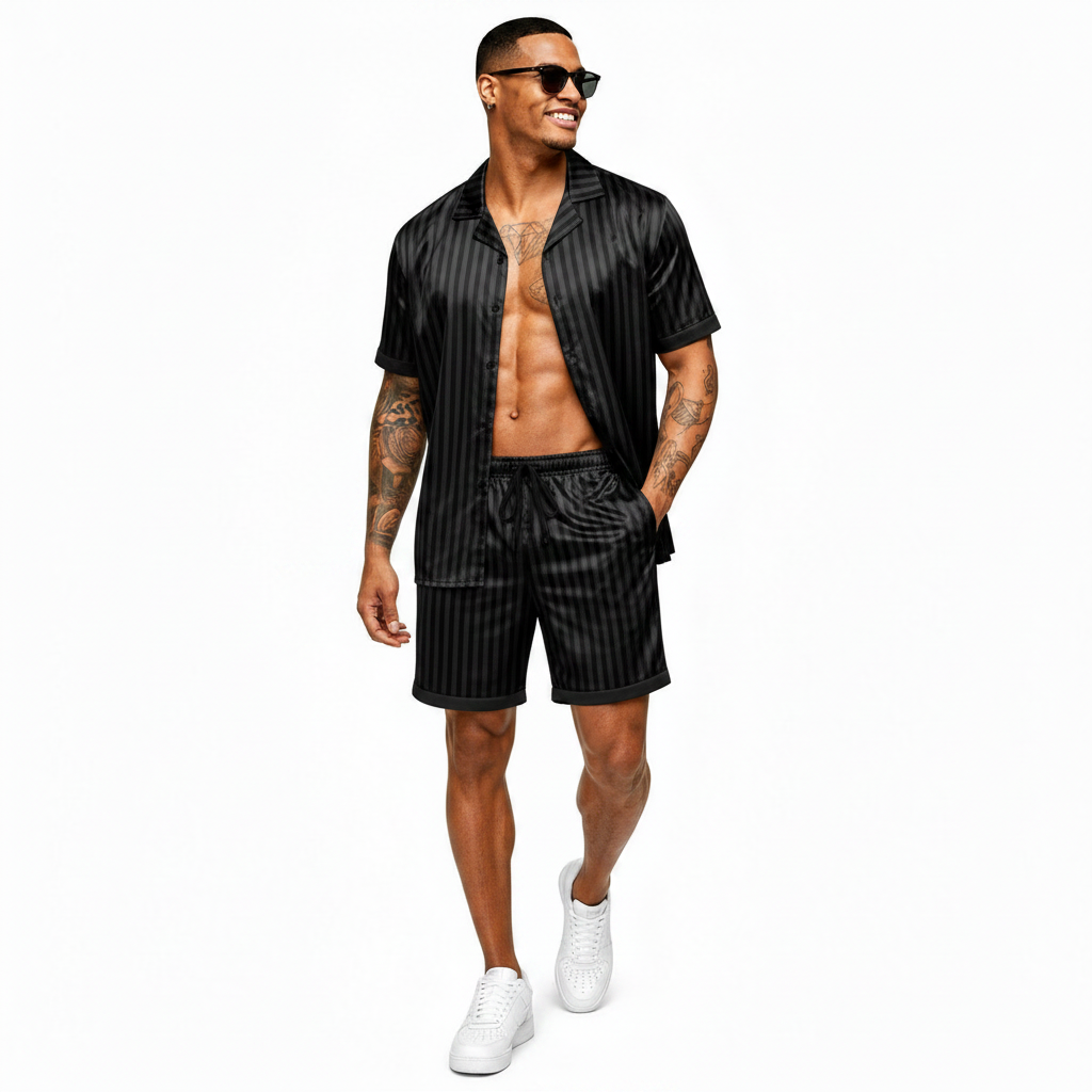 Ekouaer Men Silk Pajamas Set 2 Pieces Satin Pj Button Down Loungewear Sets | Shirt and Shorts,Sleepwear,Drawstring,Pockets,Short Sleeve,Matching Set,Breathable,Soft,Men's Gift for Birthday,Summer,Fall