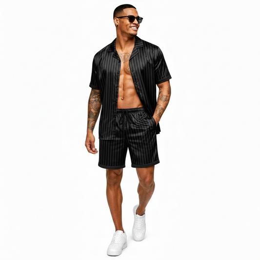 Ekouaer Men Silk Pajamas Set 2 Pieces Satin Pj Button Down Loungewear Sets | Shirt and Shorts,Sleepwear,Drawstring,Pockets,Short Sleeve,Matching Set,Breathable,Soft,Men's Gift for Birthday,Summer,Fall