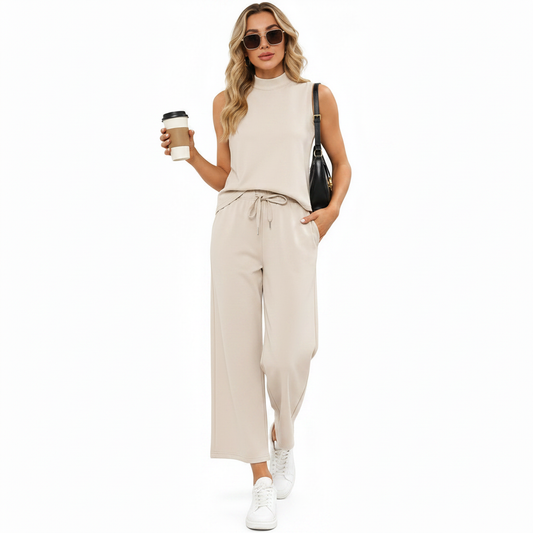 SAMPEEL Two Piece Sets for Women Summer Outfits Lounge Sets Mock Neck Tops Wide Leg Crop Pants Vacation Travel Outfits