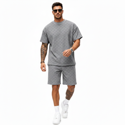 Men's 2 Piece Set Summer Outfits Casual Geometric Texture Short Sleeve Shirt and Shorts Track Suits for Men Set