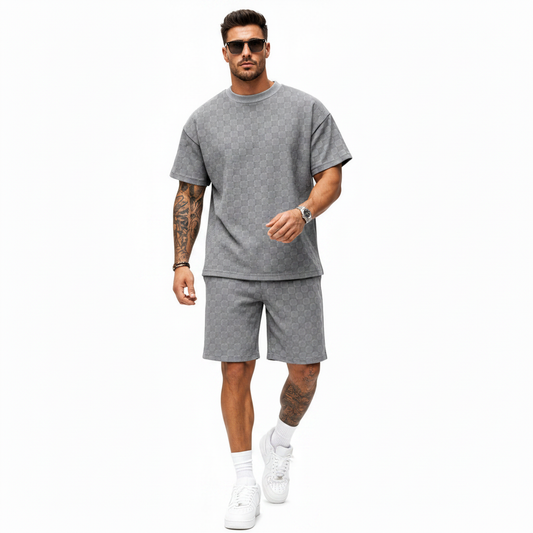 Men's 2 Piece Set Summer Outfits Casual Geometric Texture Short Sleeve Shirt and Shorts Track Suits for Men Set