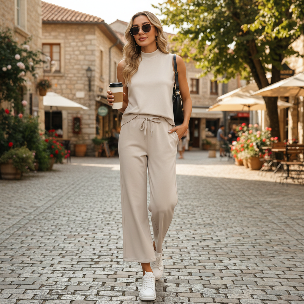 SAMPEEL Two Piece Sets for Women Summer Outfits Lounge Sets Mock Neck Tops Wide Leg Crop Pants Vacation Travel Outfits
