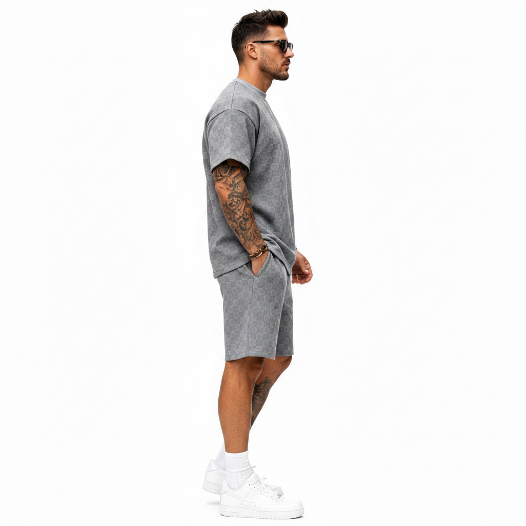 Men's 2 Piece Set Summer Outfits Casual Geometric Texture Short Sleeve Shirt and Shorts Track Suits for Men Set