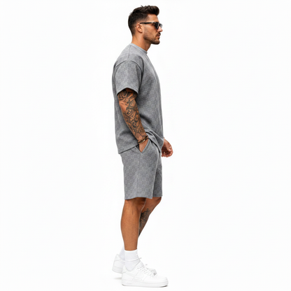 Men's 2 Piece Set Summer Outfits Casual Geometric Texture Short Sleeve Shirt and Shorts Track Suits for Men Set