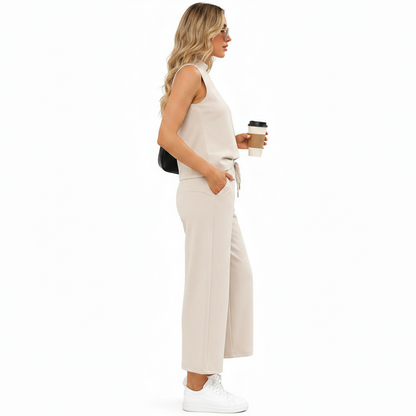 SAMPEEL Two Piece Sets for Women Summer Outfits Lounge Sets Mock Neck Tops Wide Leg Crop Pants Vacation Travel Outfits