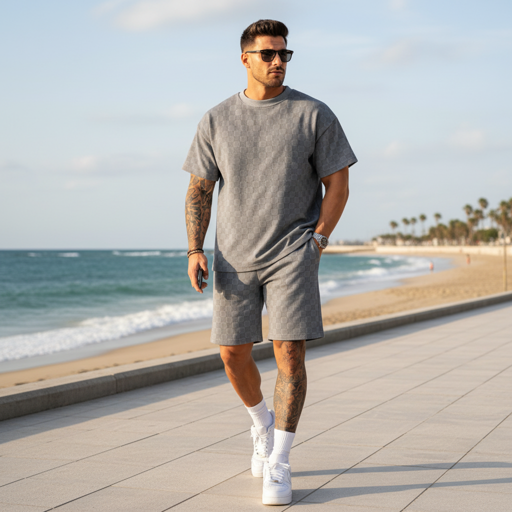 Men's 2 Piece Set Summer Outfits Casual Geometric Texture Short Sleeve Shirt and Shorts Track Suits for Men Set