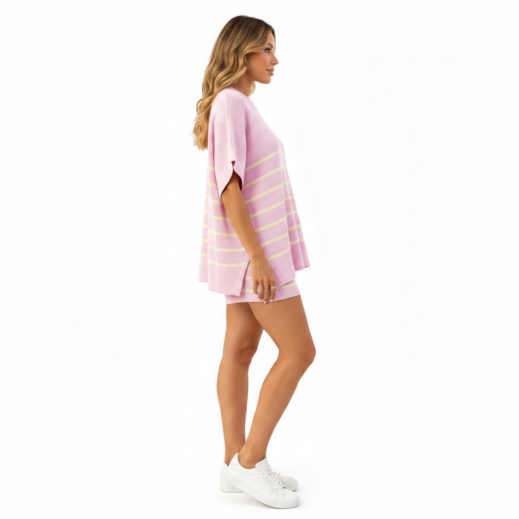 Fisoew Women's Striped 2 Piece Outfits Oversized Batwing Short Sleeve Tops High Waisted Shorts Summer Knit Lounge Short Sets
