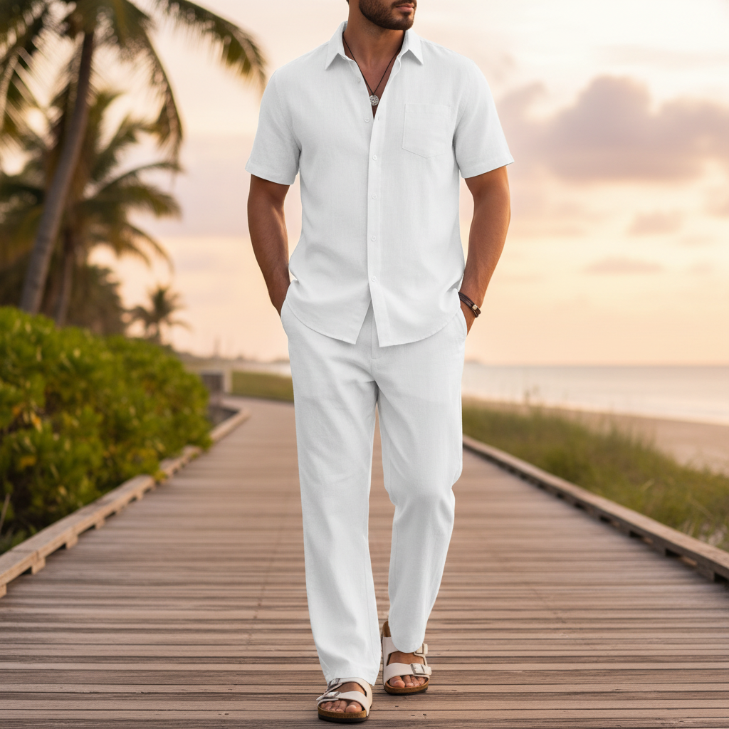 COOFANDY Men's 2 Piece Sets Beach Outfits Cotton Short Sleeve Button Down Shirts Loose Pants Summer Vacation Casual Outfits