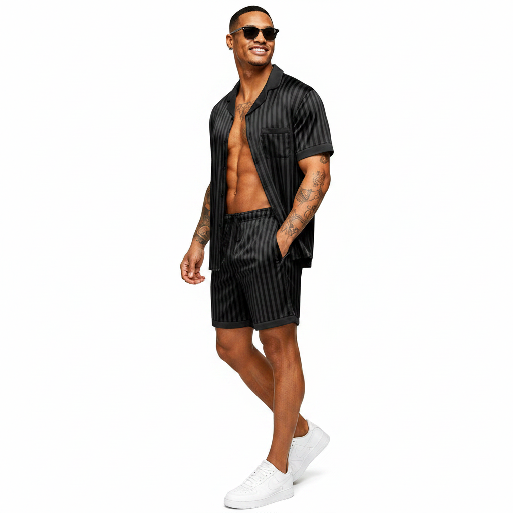Ekouaer Men Silk Pajamas Set 2 Pieces Satin Pj Button Down Loungewear Sets | Shirt and Shorts,Sleepwear,Drawstring,Pockets,Short Sleeve,Matching Set,Breathable,Soft,Men's Gift for Birthday,Summer,Fall